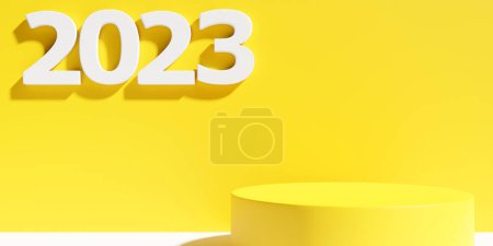 Foto de Encabezado del calendario número 2023 sobre fondo amarillo. Feliz año nuevo 2023 fondo colorido. - Imagen libre de derechos