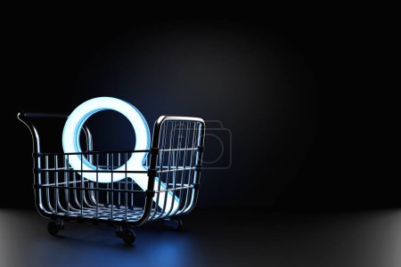 Photo for 3d illustration neon magnifying glass lies in a grocery cart. The concept of searching for goods and services in online stores, marketing research - Royalty Free Image