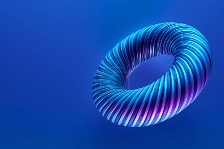 Foto de Blue  futuristic neon torus donut on blue isolated background. 3D rendering - Imagen libre de derechos