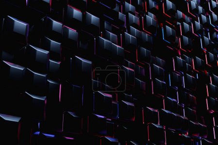 Foto de 3D rendering. Black  pattern of cubes of different shapes under neon lights. Minimalistic pattern of simple shapes. Bright creative symmetric texture - Imagen libre de derechos