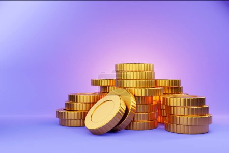 Téléchargez les photos : Set of golden coin isolated on  purple background. Symbol of gold and wealth. 3d illustration - en image libre de droit