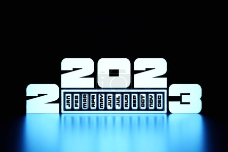 Foto de 3d illustration Happy new year 2023 background template. Holiday volumetric 3D illustration of the   white number 2023. Festive poster or banner design. Modern happy new year background - Imagen libre de derechos