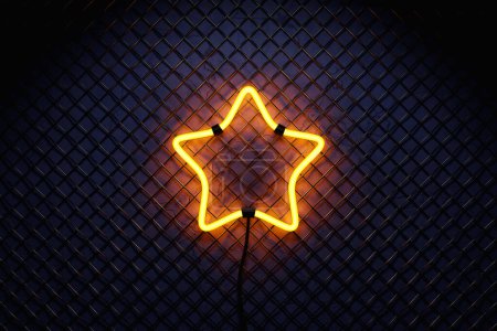 Foto de Ilustración 3D de la flecha estrella amarilla de neón en una pared de malla. Letrero realista brillante. Icono de estrella brillante. Banner de neón de color. - Imagen libre de derechos