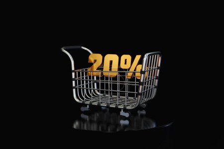 Foto de Empty metal supermarket shopping cart, side view with 20% big discount. Realistic supermarket cart, 3D illustration of retail trolley - Imagen libre de derechos