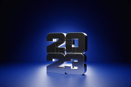 Foto de 3D illustration inscription 2023 on a blue  background. Changeability of years. Illustration of the symbol of the new year. - Imagen libre de derechos