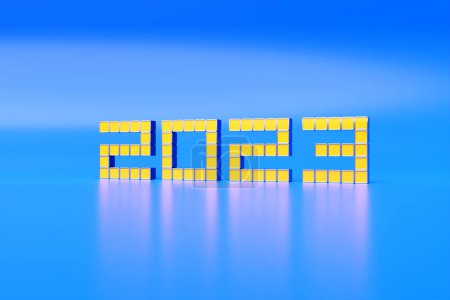 Foto de Calendar header number 2023 on blue  background. Happy new year 2023 colorful background. - Imagen libre de derechos