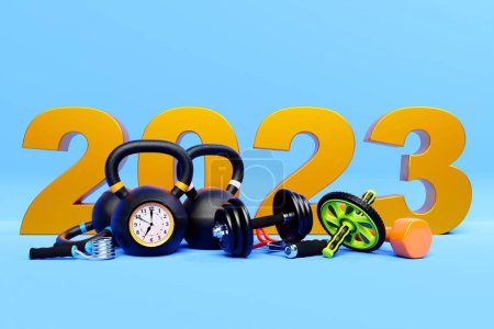 Photo for 3d illustration of  design happy new year 2023  and sports equipment. Sports equipment: kettlebell, dumbbell, elastic band for sports, gymnastic roller for the press. Sport happy new year  banner - Royalty Free Image