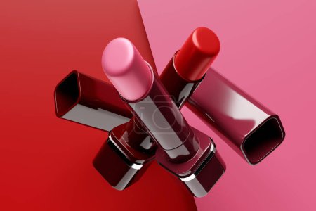 Téléchargez les photos : Illustration 3D, ensemble de rouges à lèvres couleur. Rouge à lèvres rouge et rose. Design moderne à la mode. - en image libre de droit