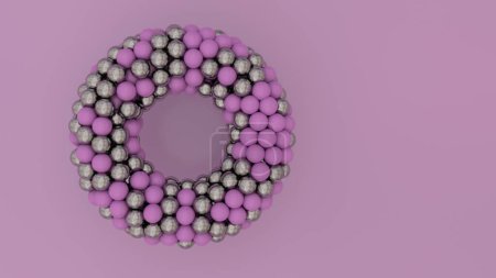 Téléchargez les photos : Illustration 3D d'un tore violet avec des capsules dorées sur un fond isolé violet d'un tore rose et argent. Fantastique cellule. Formes géométriques simples - en image libre de droit