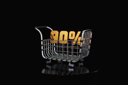 Photo for 3d shopping cart purchase with 90% discount for online shopping and supermarket concept. 3d shopping cart products icon and reward tag. Bag for buying, selling, discounts. 3d icon vector illustration - Royalty Free Image