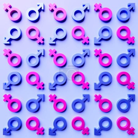 Foto de Female and male  gender symbol icon isolated  pattern on blue background. Venus symbol.3D Illustration - Imagen libre de derechos