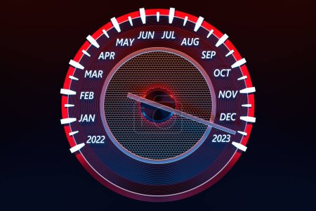 Foto de 3D illustration Close up Instrument automobile panel with speedometer, tachometer, which says Merry Christmas 2022, 2023. The concept of the new year and Christmas in the automotive fiel - Imagen libre de derechos