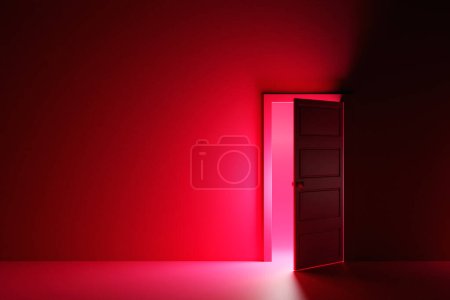Téléchargez les photos : Illustration 3D de la porte ouverte à partir de laquelle la lumière rose brille dans une pièce sombre avec lumière rose. Devinette, aventure et concept mystique - en image libre de droit