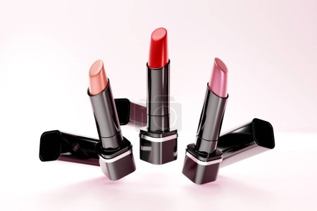 Téléchargez les photos : Illustration 3D, ensemble de rouges à lèvres couleur. Scène maquillage et cosmétique pour la conception de produits de marque de beauté - en image libre de droit