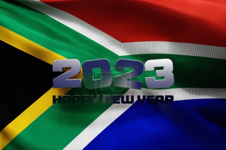 Foto de 3d illustration of the national flag of South Africa  with a congratulatory inscription happy new year 2023 - Imagen libre de derechos