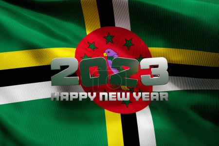 Foto de 3d illustration of the national flag of Dominica with a congratulatory inscription happy new year 2023 - Imagen libre de derechos