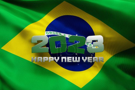 Téléchargez les photos : 3ème illustration du drapeau national du Brésil avec une inscription de félicitations bonne année 2023 - en image libre de droit