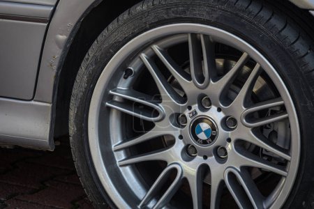 Photo for Side, Turkey -February 05, 2023:     gray  BMW   ,  Car wheel with alloy wheel and new rubber on a car closeup. Wheel tuning dis - Royalty Free Image
