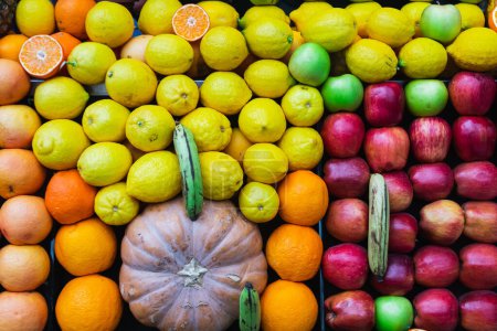 Téléchargez les photos : Gros plan d'une vitrine avec des fruits frais sélectionnés : pommes, oranges, noix de coco, ananas pour un mode de vie sain - en image libre de droit