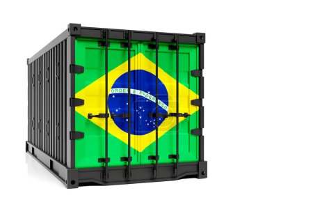 Téléchargez les photos : Le concept du Brésil exportation-importation, le transport de conteneurs et la livraison nationale de marchandises. Le conteneur de transport avec le drapeau national du Brésil, vue de face - en image libre de droit