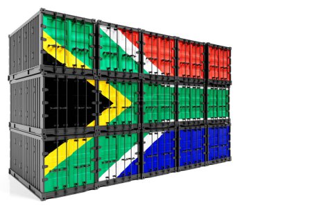 Téléchargez les photos : Le concept d'exportation-importation, de transport de conteneurs et de livraison nationale de marchandises de la République sud-africaine. Le conteneur de transport avec le drapeau national de la République sud-africaine, vue de face - en image libre de droit