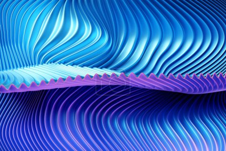 Téléchargez les photos : Illustration 3D d'une bande bleue et violette stéréo. Bandes géométriques semblables à des vagues. Modèle abstrait de lignes de croisement éclatantes - en image libre de droit