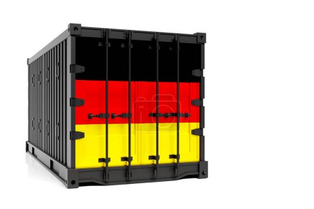 Téléchargez les photos : Le concept d'Allemagne exportation-importation, le transport de conteneurs et la livraison nationale de marchandises. Le conteneur de transport avec le drapeau national de l'Allemagne, vue de face - en image libre de droit