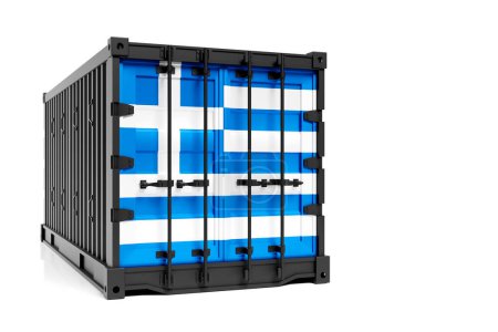 Téléchargez les photos : Le concept de la Grèce exportation-importation, le transport de conteneurs et la livraison nationale de marchandises. Le conteneur de transport avec le drapeau national de la Grèce, vue de face - en image libre de droit