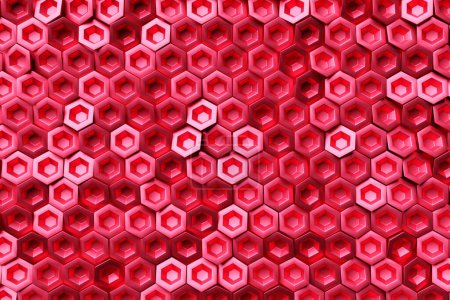 Téléchargez les photos : Mosaïque en nid d'abeille illustration 3d. Texture réaliste des cellules de grille géométrique. Papier peint abstrait rouge avec grille hexagonale. - en image libre de droit
