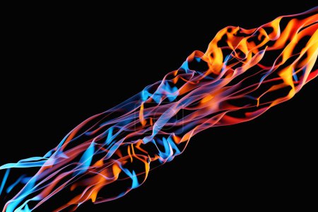 Foto de Ilustración 3D nube abstracta naranja y azul de patrón de humo sobre un fondo negro aislado - Imagen libre de derechos