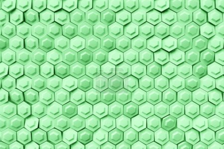 Téléchargez les photos : Illustration 3D d'un nid d'abeille monochrome en nid d'abeille vert pour miel. Modèle de formes hexagonales géométriques simples, fond de mosaïque. Concept de nid d'abeille, ruche - en image libre de droit