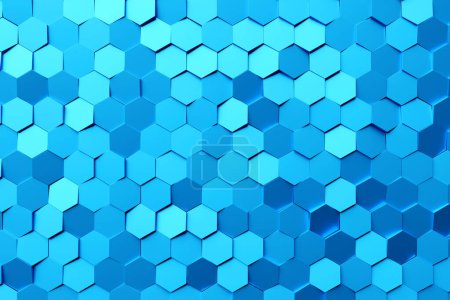 Téléchargez les photos : Mosaïque en nid d'abeille illustration 3d. Texture réaliste des cellules de grille géométrique. Papier peint abstrait bleu avec grille hexagonale. - en image libre de droit