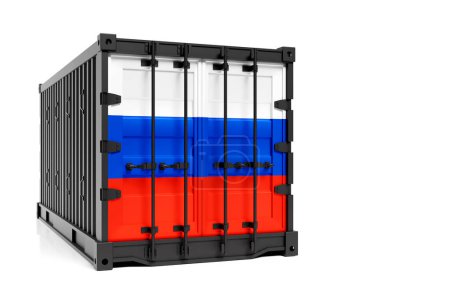 Téléchargez les photos : Le concept d'exportation-importation de la Russie, le transport de conteneurs et la livraison nationale de marchandises. Conteneur d'illustration 3D avec le drapeau national de la Russie, vue de face - en image libre de droit