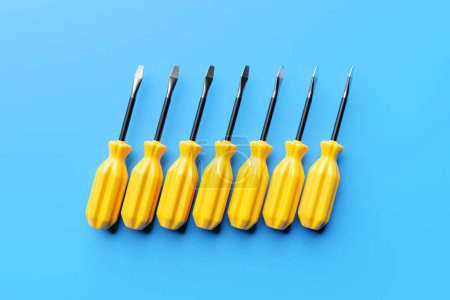 Photo for 3D illustration of a yellow  screwdrivers in cartoon style on a monochrome  isolated background. Hand carpentry tool for DIY shop. - Royalty Free Image