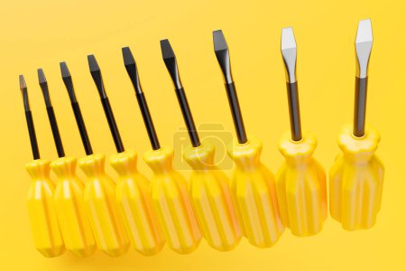 Téléchargez les photos : 3D illustration of a  yellow crosshead screwdrivers hand tool isolated on a monocrome background. 3D render and illustration of repair and installation tool - en image libre de droit