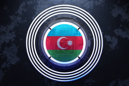 Foto de Ilustración 3D de la bandera nacional de Azerbaidjan en un marco redondo de neón rosa y azul sobre un fondo negro. - Imagen libre de derechos