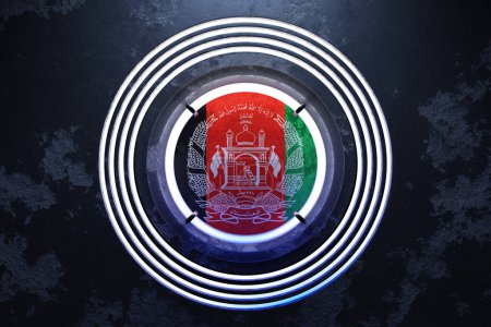 Téléchargez les photos : Illustration 3D du drapeau national de l'Afghanistan dans un cadre rond néon rose et bleu sur fond noir. - en image libre de droit