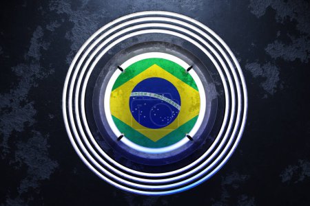 Foto de Ilustración en 3D de la bandera nacional de Brasil en un marco redondo de neón rosa y azul sobre fondo negro. - Imagen libre de derechos
