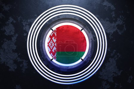 Téléchargez les photos : Illustration 3D du drapeau national de Biélorussie dans un cadre rond néon rose et bleu sur fond noir. - en image libre de droit