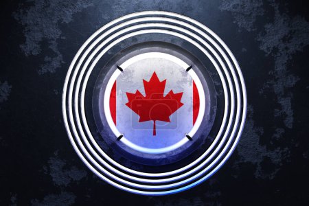 Téléchargez les photos : Illustration 3D du drapeau national du Canada dans un cadre rond néon rose et bleu sur fond noir. - en image libre de droit