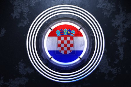 Téléchargez les photos : Illustration 3D du drapeau tchèque dans un cadre rond néon rose et bleu sur fond noir. - en image libre de droit