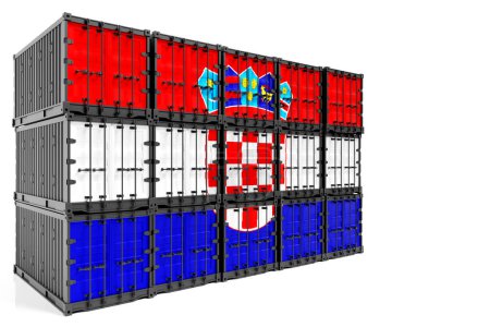 Téléchargez les photos : Le concept de Croatie exportation-importation, le transport de conteneurs et la livraison nationale de marchandises. Conteneur d'illustration 3D avec le drapeau national de la Croatie, vue de face - en image libre de droit