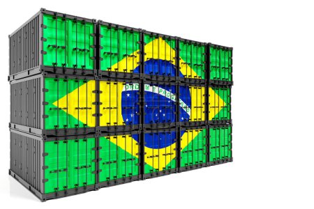 Téléchargez les photos : Le concept du Brésil exportation-importation, le transport de conteneurs et la livraison nationale de marchandises. Conteneur d'illustration 3D avec le drapeau national du Brésil, vue de face - en image libre de droit