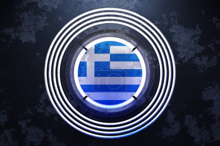 Téléchargez les photos : Illustration 3D du drapeau national de Grèce dans un cadre rond néon rose et bleu sur fond noir. - en image libre de droit