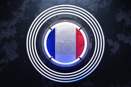Téléchargez les photos : Illustration 3D du drapeau national de France dans un cadre rond néon rose et bleu sur fond noir. - en image libre de droit