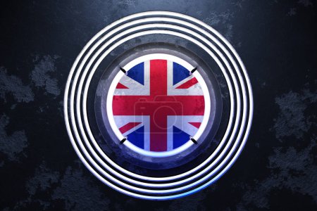 Téléchargez les photos : Illustration 3D du drapeau national du Royaume-Uni dans un cadre rond néon rose et bleu sur fond noir. - en image libre de droit