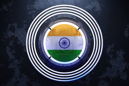 Téléchargez les photos : Illustration 3D du drapeau national de l'Inde dans un cadre rond néon rose et bleu sur fond noir. - en image libre de droit