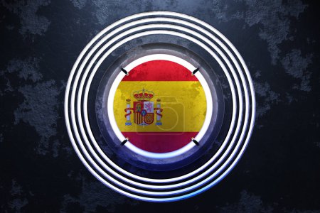 Téléchargez les photos : Illustration 3D du drapeau national d'Espagne dans un cadre rond néon rose et bleu sur fond noir. - en image libre de droit