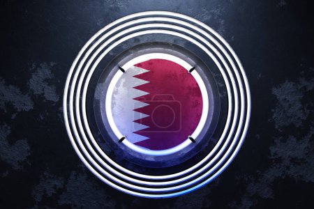 Téléchargez les photos : Illustration 3D du drapeau national du Qatar dans un cadre rond néon rose et bleu sur fond noir. - en image libre de droit