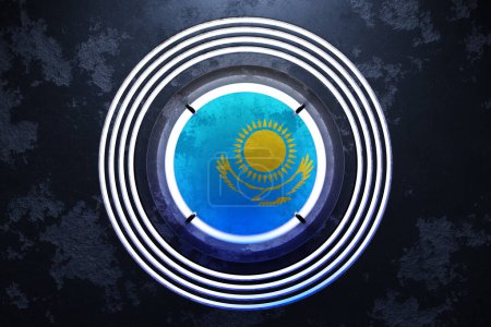 Téléchargez les photos : Illustration 3D du drapeau national du Kazakhstan dans un cadre rond néon rose et bleu sur fond noir. - en image libre de droit